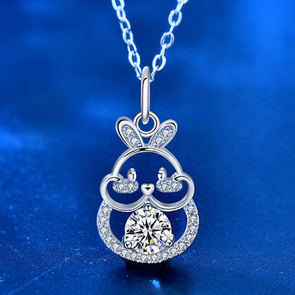 925 Sterling Silver Rabbit Zodiac Pendant Necklace with 0.5ct Moissanite Cross Chain Women's Chinese Style Jewelry