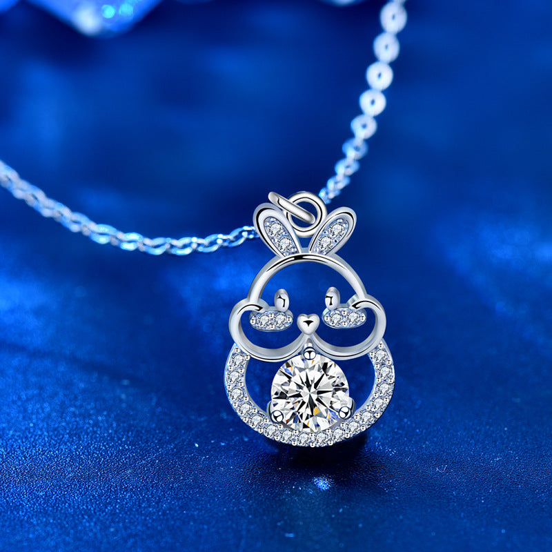925 Sterling Silver Rabbit Zodiac Pendant Necklace with 0.5ct Moissanite Cross Chain Women's Chinese Style Jewelry