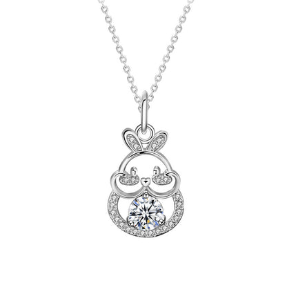 925 Sterling Silver Rabbit Zodiac Pendant Necklace with 0.5ct Moissanite Cross Chain Women's Chinese Style Jewelry