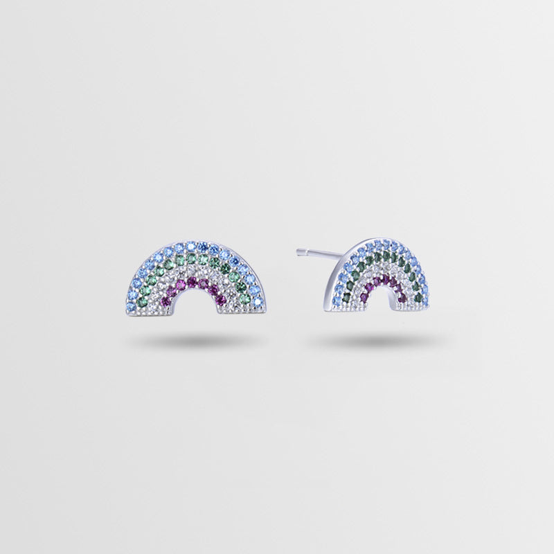 925 Sterling Silver Rainbow Geometric Stud Earrings-Diamond-Accented, Korean Fashion, with Plastic Ear Stoppers