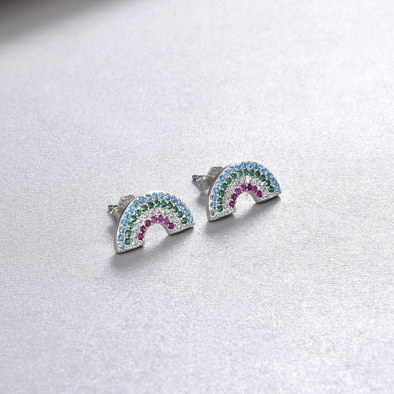 925 Sterling Silver Rainbow Geometric Stud Earrings-Diamond-Accented, Korean Fashion, with Plastic Ear Stoppers