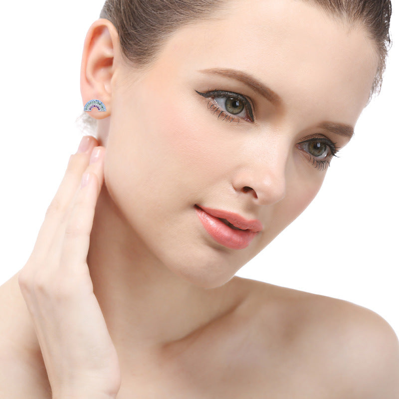 925 Sterling Silver Rainbow Geometric Stud Earrings-Diamond-Accented, Korean Fashion, with Plastic Ear Stoppers