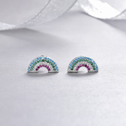 925 Sterling Silver Rainbow Geometric Stud Earrings-Diamond-Accented, Korean Fashion, with Plastic Ear Stoppers
