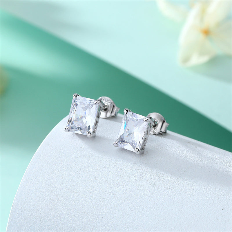 925 Sterling Silver Rectangular Birthstone Stud Earrings – Minimalist Geometric Zircon Jewelry