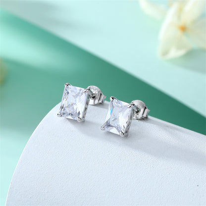 925 Sterling Silver Rectangular Birthstone Stud Earrings – Minimalist Geometric Zircon Jewelry