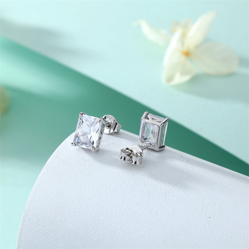 925 Sterling Silver Rectangular Birthstone Stud Earrings – Minimalist Geometric Zircon Jewelry