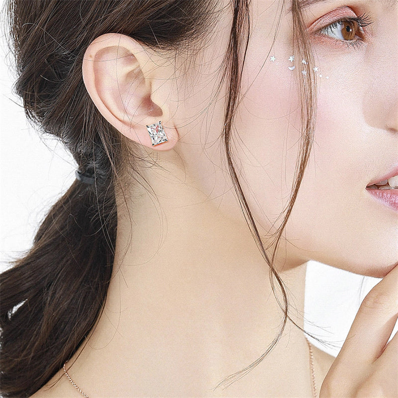 925 Sterling Silver Rectangular Birthstone Stud Earrings – Minimalist Geometric Zircon Jewelry