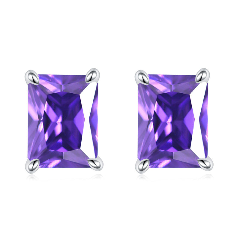 925 Sterling Silver Rectangular Birthstone Stud Earrings – Minimalist Geometric Zircon Jewelry