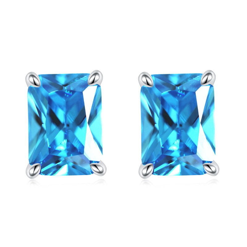 925 Sterling Silver Rectangular Birthstone Stud Earrings – Minimalist Geometric Zircon Jewelry