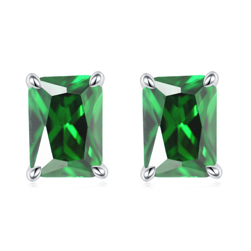 925 Sterling Silver Rectangular Birthstone Stud Earrings – Minimalist Geometric Zircon Jewelry