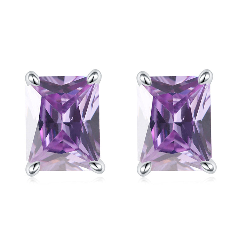 925 Sterling Silver Rectangular Birthstone Stud Earrings – Minimalist Geometric Zircon Jewelry