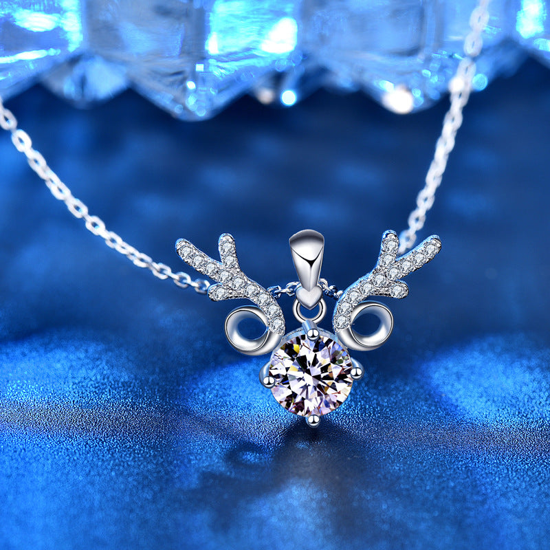 925 Sterling Silver Reindeer Pendant Necklace with 1ct D Color Moissanite Cross Chain Women's Minimalist Holiday Jewelry