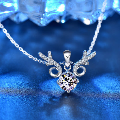 925 Sterling Silver Reindeer Pendant Necklace with 1ct D Color Moissanite Cross Chain Women's Minimalist Holiday Jewelry