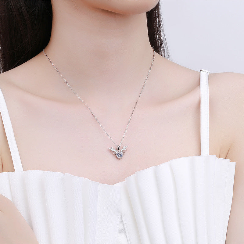 925 Sterling Silver Reindeer Pendant Necklace with 1ct D Color Moissanite Cross Chain Women's Minimalist Holiday Jewelry
