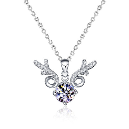 925 Sterling Silver Reindeer Pendant Necklace with 1ct D Color Moissanite Cross Chain Women's Minimalist Holiday Jewelry