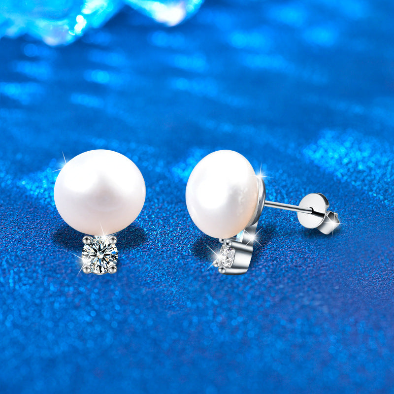 925 Sterling Silver Rhodium Plated Geometric Pearl Earrings with 0.6ct Moissanite Studs Classic Timeless Design for Women