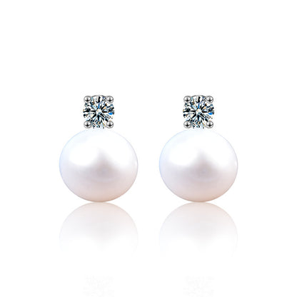 925 Sterling Silver Rhodium Plated Geometric Pearl Earrings with 0.6ct Moissanite Studs Classic Timeless Design for Women