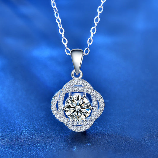 925 Sterling Silver Rose Flower Pendant Necklace with 1ct Moissanite Cross Chain Women's Versatile Jewelry