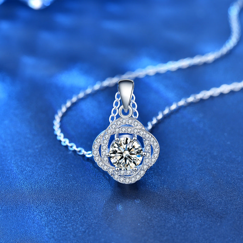 925 Sterling Silver Rose Flower Pendant Necklace with 1ct Moissanite Cross Chain Women's Versatile Jewelry