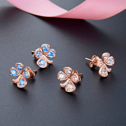 925 Sterling Silver Rose Gold Geometric Stud Earrings - Blue & White CZ Accent Earrings with Plastic Stoppers