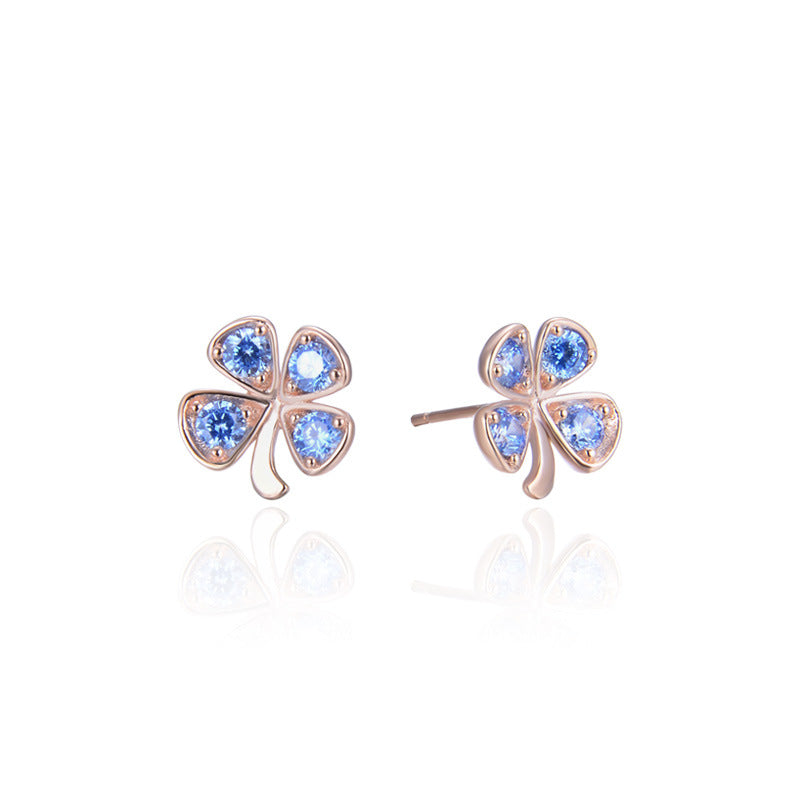 925 Sterling Silver Rose Gold Geometric Stud Earrings - Blue & White CZ Accent Earrings with Plastic Stoppers