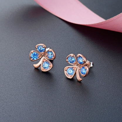 925 Sterling Silver Rose Gold Geometric Stud Earrings - Blue & White CZ Accent Earrings with Plastic Stoppers