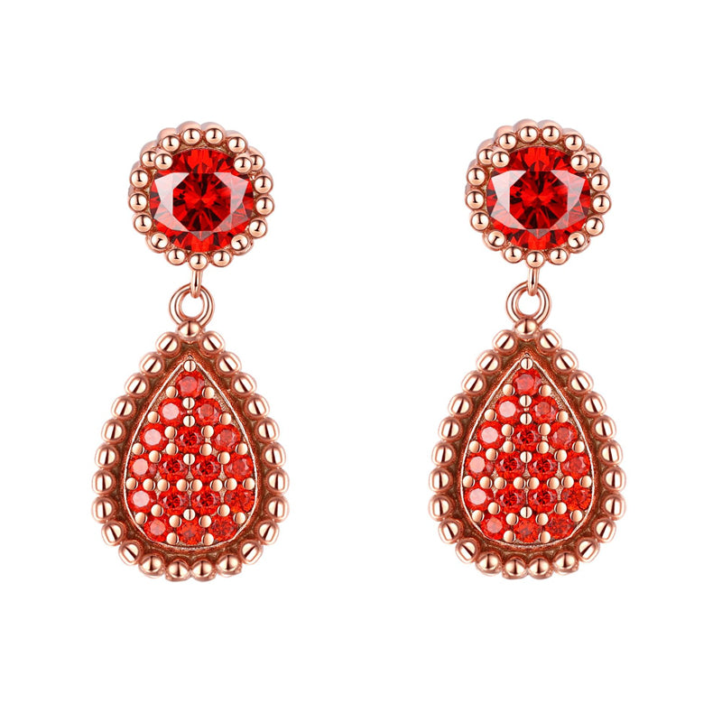 925 Sterling Silver Rose Gold Pomegranate Zircon Teardrop Earrings for Women Elegant Dangle Earrings with Crown and Tassel Design
