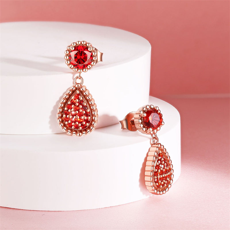 925 Sterling Silver Rose Gold Pomegranate Zircon Teardrop Earrings for Women Elegant Dangle Earrings with Crown and Tassel Design