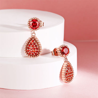 925 Sterling Silver Rose Gold Pomegranate Zircon Teardrop Earrings for Women Elegant Dangle Earrings with Crown and Tassel Design
