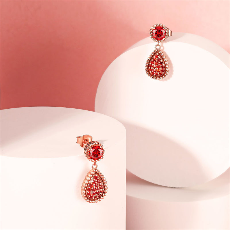 925 Sterling Silver Rose Gold Pomegranate Zircon Teardrop Earrings for Women Elegant Dangle Earrings with Crown and Tassel Design