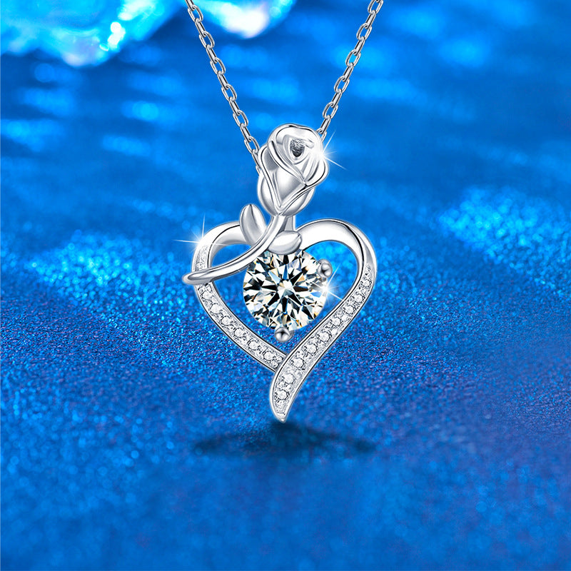 925 Sterling Silver Rose Heart Pendant Necklace with Moissanite in 12 Colors - Rhodium Plated Cross Chain Women's Jewelry