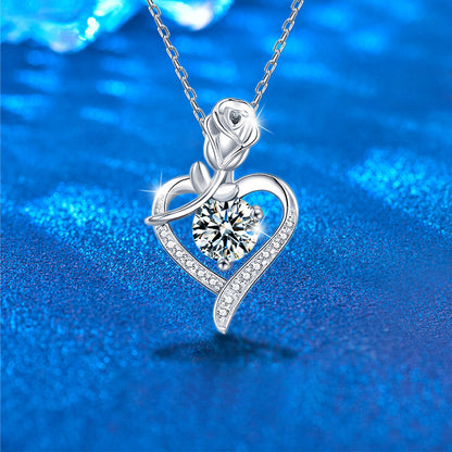 925 Sterling Silver Rose Heart Pendant Necklace with Moissanite in 12 Colors - Rhodium Plated Cross Chain Women's Jewelry