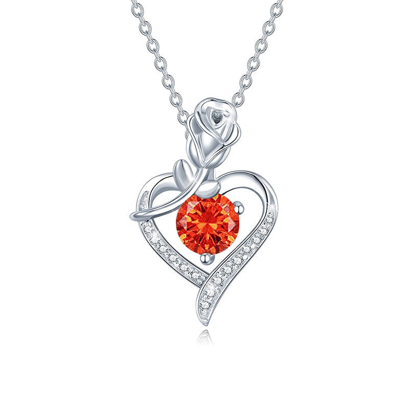 925 Sterling Silver Rose Heart Pendant Necklace with Moissanite in 12 Colors - Rhodium Plated Cross Chain Women's Jewelry