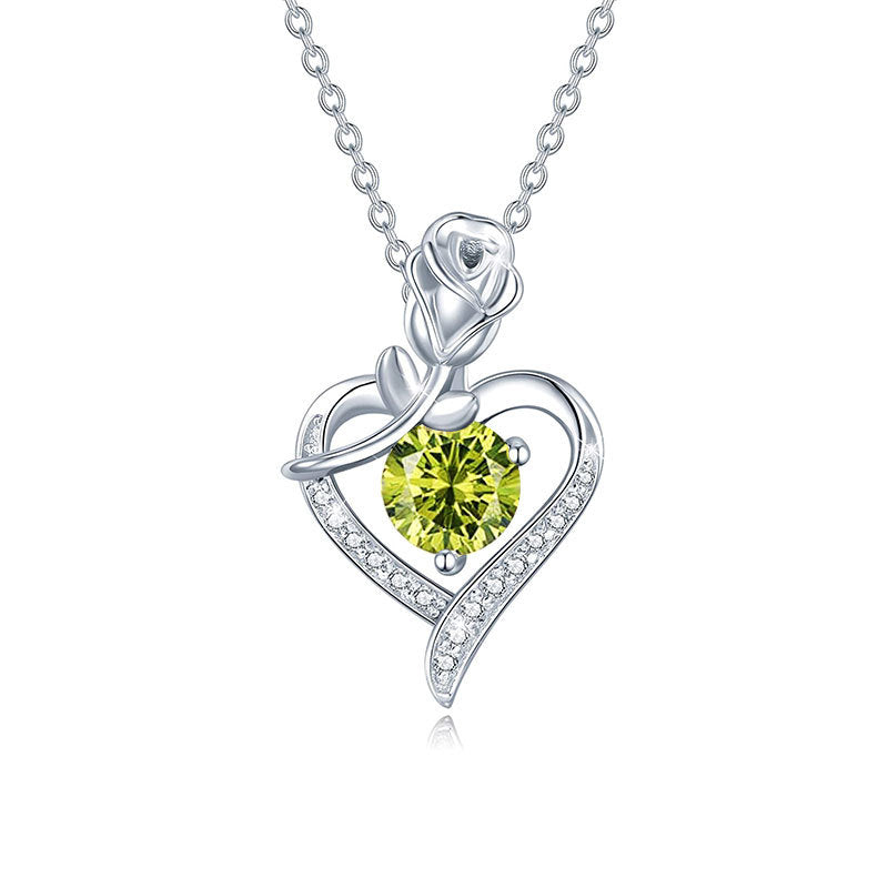 925 Sterling Silver Rose Heart Pendant Necklace with Moissanite in 12 Colors - Rhodium Plated Cross Chain Women's Jewelry