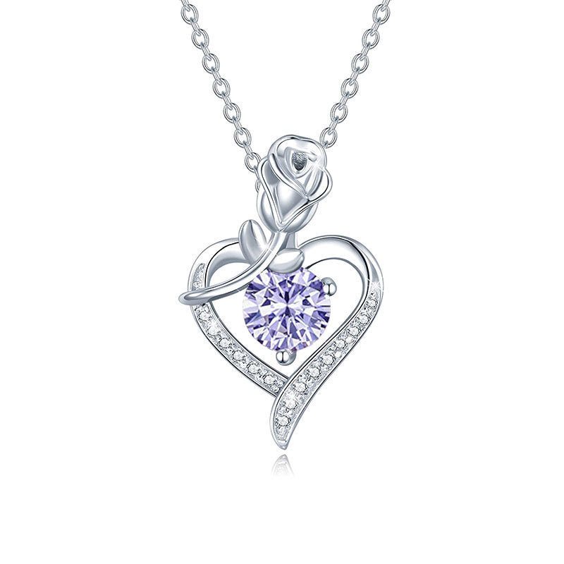 925 Sterling Silver Rose Heart Pendant Necklace with Moissanite in 12 Colors - Rhodium Plated Cross Chain Women's Jewelry