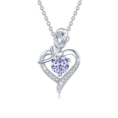 925 Sterling Silver Rose Heart Pendant Necklace with Moissanite in 12 Colors - Rhodium Plated Cross Chain Women's Jewelry