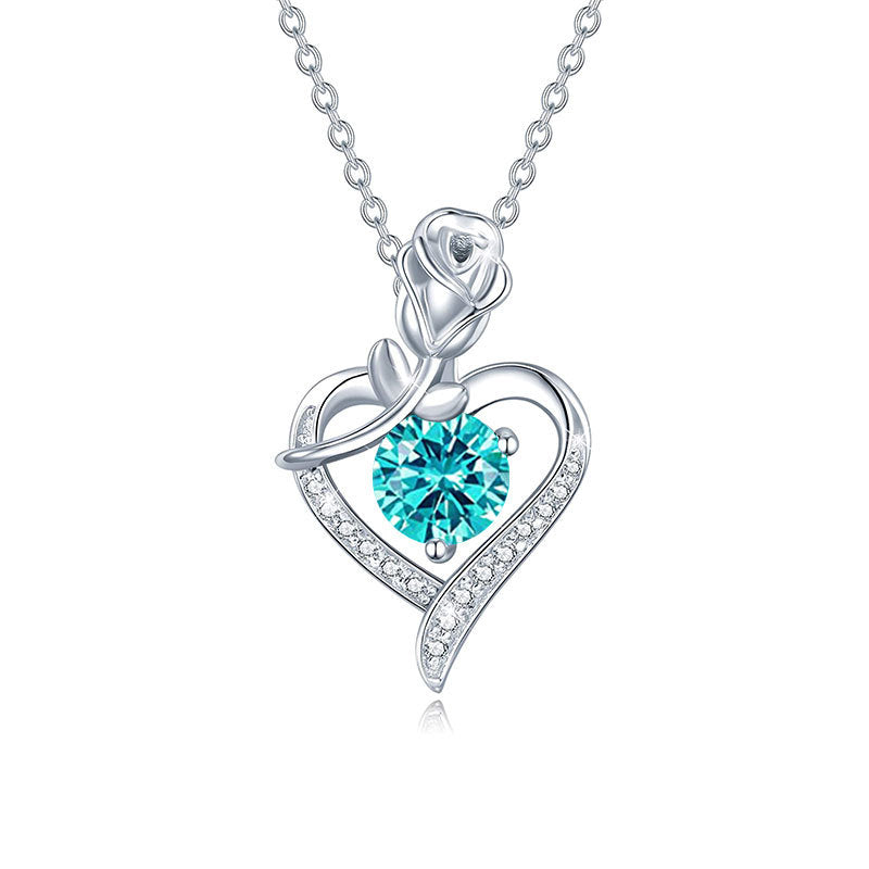 925 Sterling Silver Rose Heart Pendant Necklace with Moissanite in 12 Colors - Rhodium Plated Cross Chain Women's Jewelry