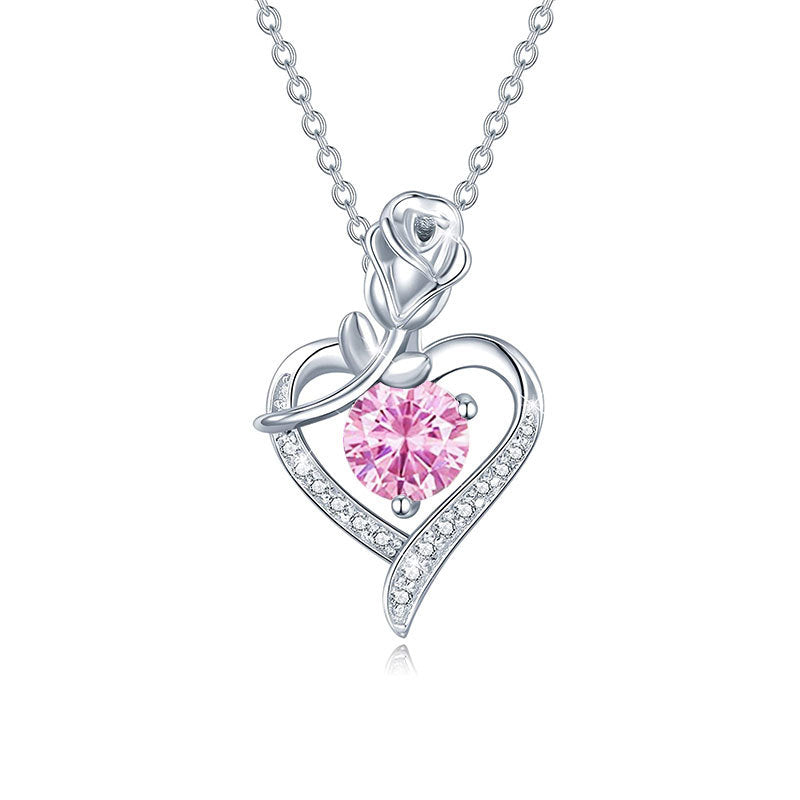 925 Sterling Silver Rose Heart Pendant Necklace with Moissanite in 12 Colors - Rhodium Plated Cross Chain Women's Jewelry