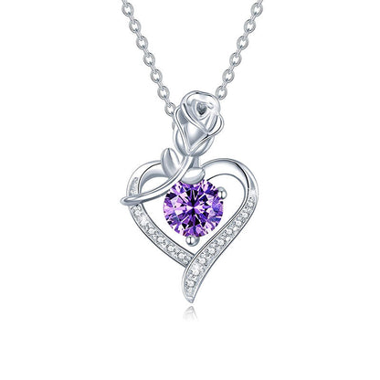 925 Sterling Silver Rose Heart Pendant Necklace with Moissanite in 12 Colors - Rhodium Plated Cross Chain Women's Jewelry