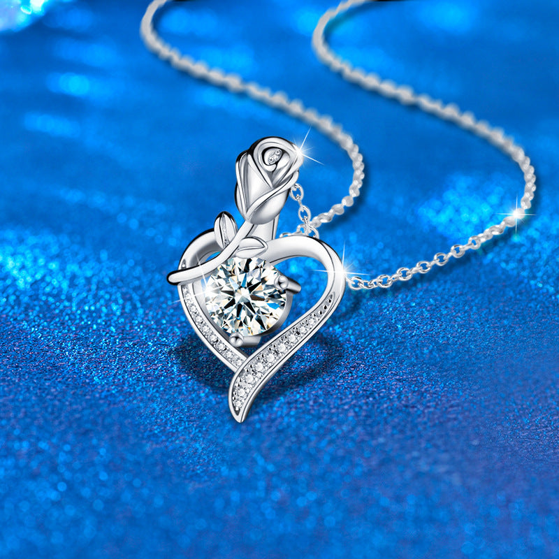 925 Sterling Silver Rose Heart Pendant Necklace with Moissanite in 12 Colors - Rhodium Plated Cross Chain Women's Jewelry