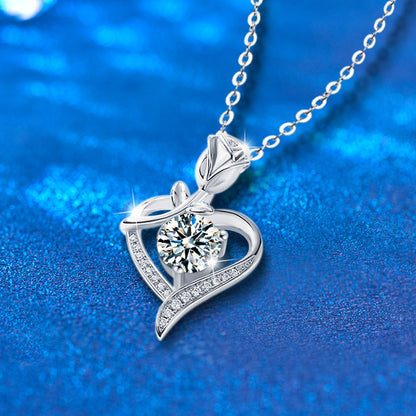 925 Sterling Silver Rose Heart Pendant Necklace with Moissanite in 12 Colors - Rhodium Plated Cross Chain Women's Jewelry