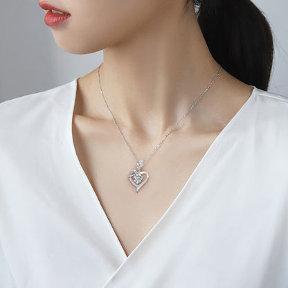 925 Sterling Silver Rose Heart Pendant Necklace with Moissanite in 12 Colors - Rhodium Plated Cross Chain Women's Jewelry