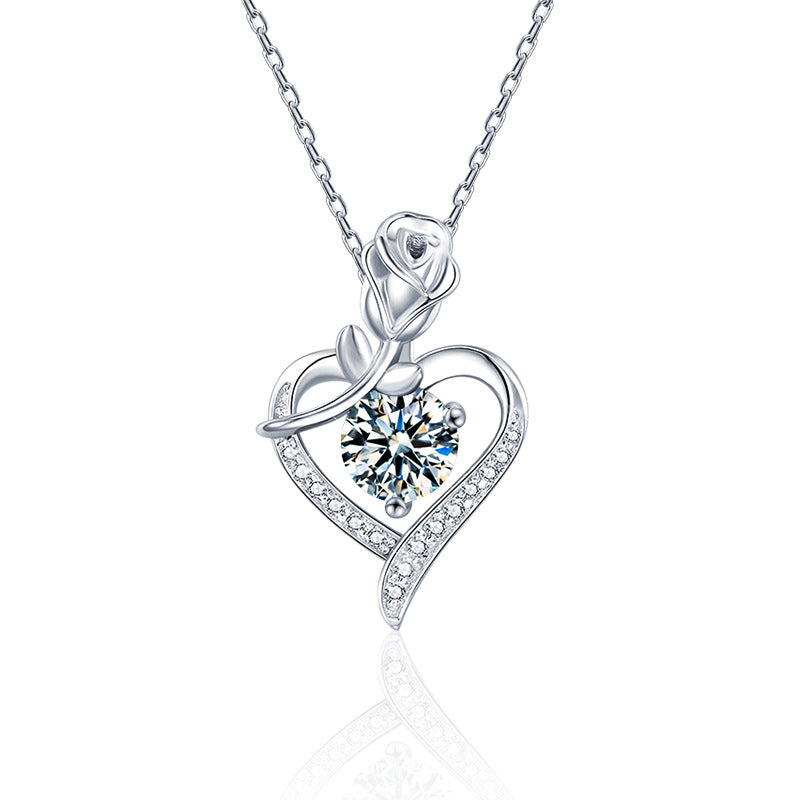 925 Sterling Silver Rose Heart Pendant Necklace with Moissanite in 12 Colors - Rhodium Plated Cross Chain Women's Jewelry