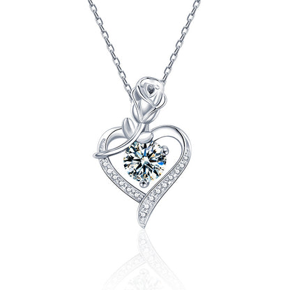 925 Sterling Silver Rose Heart Pendant Necklace with Moissanite in 12 Colors - Rhodium Plated Cross Chain Women's Jewelry