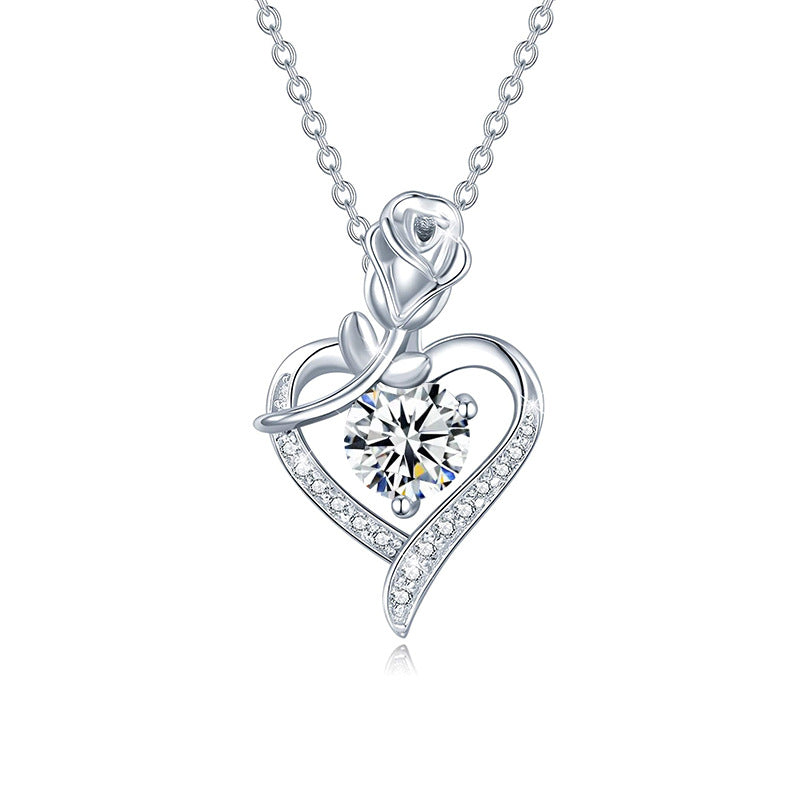 925 Sterling Silver Rose Heart Pendant Necklace with Moissanite in 12 Colors - Rhodium Plated Cross Chain Women's Jewelry
