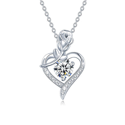925 Sterling Silver Rose Heart Pendant Necklace with Moissanite in 12 Colors - Rhodium Plated Cross Chain Women's Jewelry