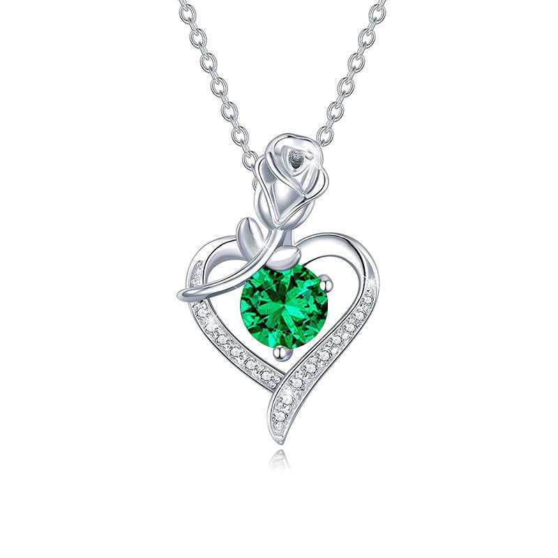 925 Sterling Silver Rose Heart Pendant Necklace with Moissanite in 12 Colors - Rhodium Plated Cross Chain Women's Jewelry