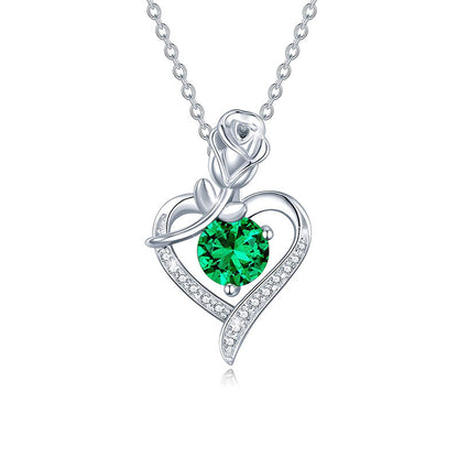 925 Sterling Silver Rose Heart Pendant Necklace with Moissanite in 12 Colors - Rhodium Plated Cross Chain Women's Jewelry