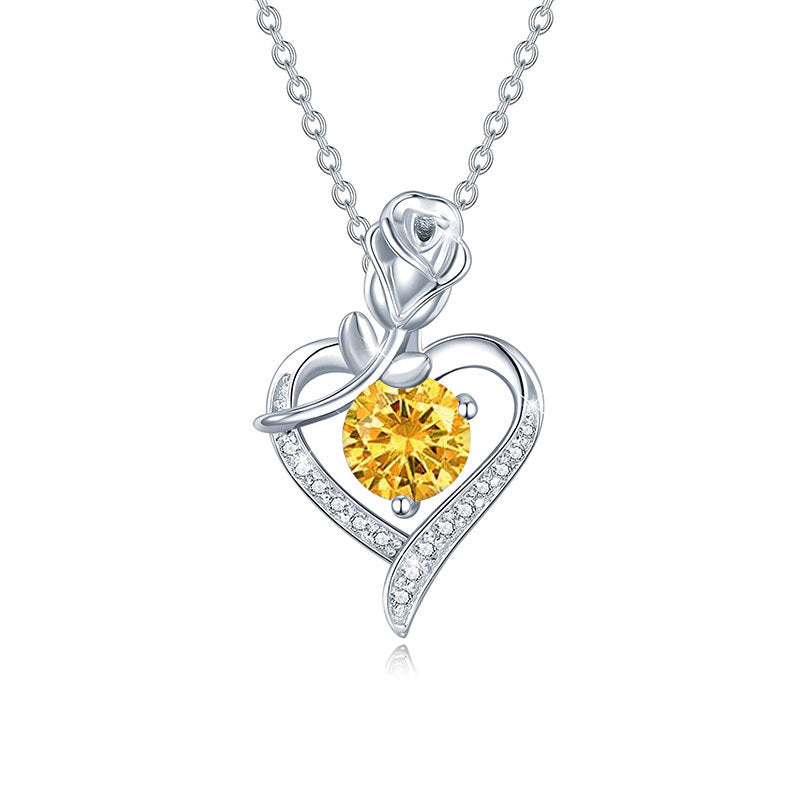 925 Sterling Silver Rose Heart Pendant Necklace with Moissanite in 12 Colors - Rhodium Plated Cross Chain Women's Jewelry