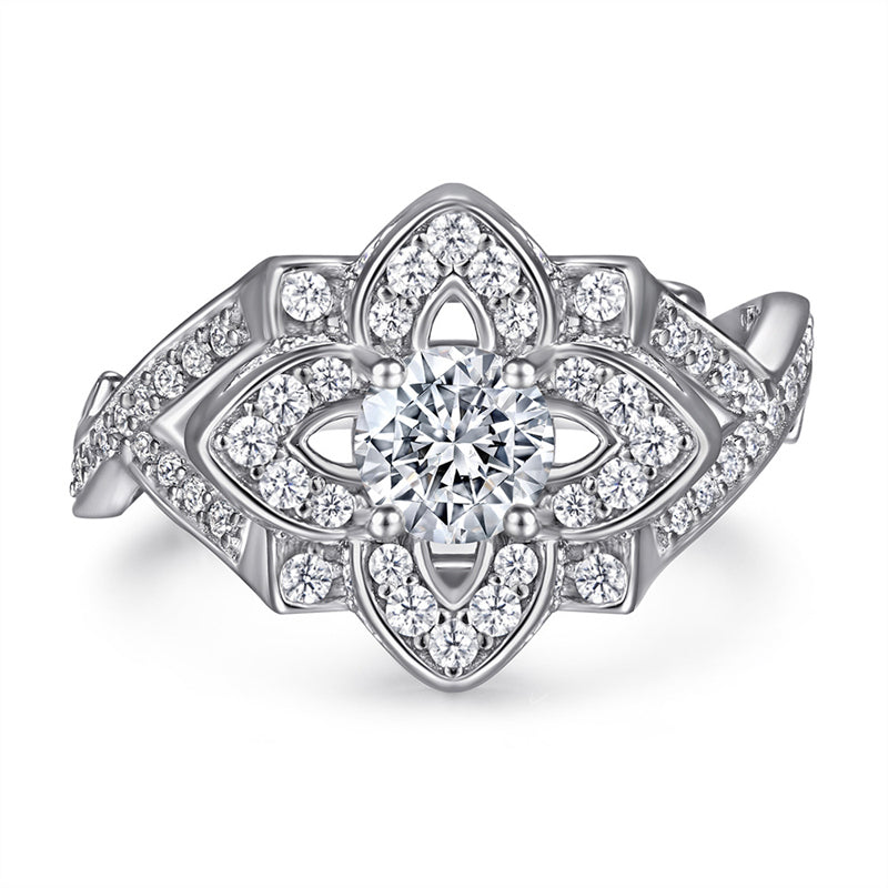 925 Sterling Silver Rose & Clover Ring – Elegant Floral Zircon Jewelry